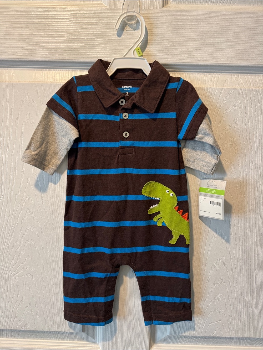 Carter's 3 MONTHS Striped Polo Romper with Dino Applique - Brown & Blue